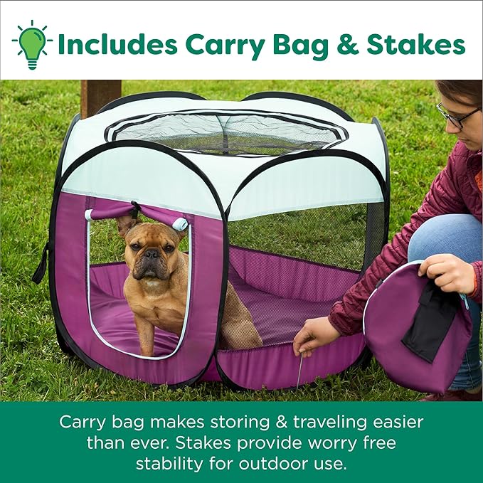 Furhaven Portable Dog Playpen Cat Tent, Pet Playground,Kennel Foldable Indoor Outdoor Zippered Puppy Crate - Green & Pink, Medium