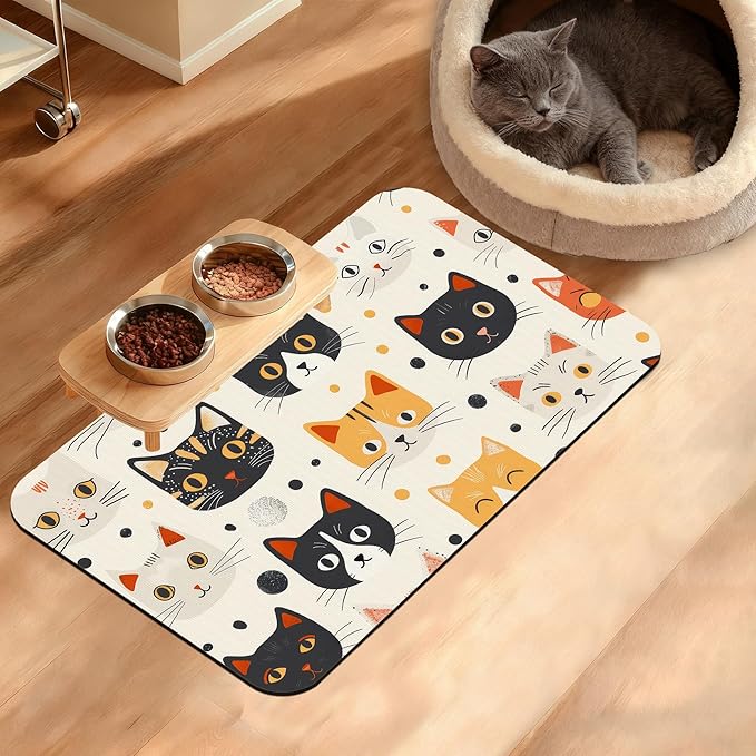 Cats Dog Cat Food Mat,Absorbent Waterproof Placemat for Food and Water Non Slip Rubber Backing Durable Feeding Pad for Clean Floors 12" x 20"