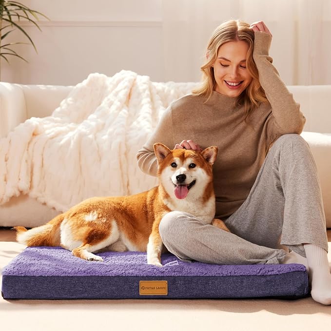 Patas Lague Orthopedic Jumbo Dog Bed for Large Sized Dog 56''X40'', Soft Waterproof Egg Crate Foam Large Pet Crate Beds Mat with Removable Washable Cover and Non-Slip Bottom, Purple