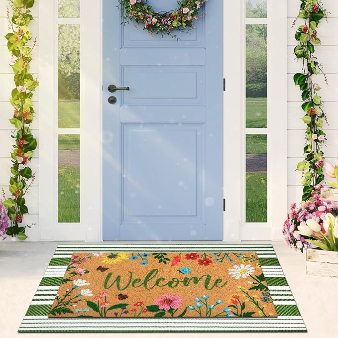 Tinideya 2 Pcs Spring Welcome Door Mat Floral Outdoor Layered Doormats for Front Door Non Slip Wildflower Coir Floor Mat Green White Stripe Rugs for Outside Front Porch Entryway Decor