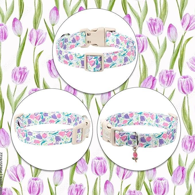 Floral Dog Collar for Small Dogs - Pink Purple Tulips Print Dog Collars, Spring Summer Cute Flower Puppy Collar, Lightweight Adjustable April Holiday Boy Girl Dogs Collars XS