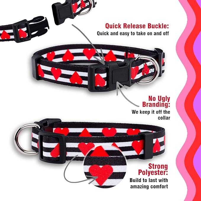 Native Pup Valentine’s Dog Collar- Valentines Day Pet Collars- Valentine Girly Hearts- Pink Red Heart- Cute Boy Girl Puppy Gift- Adjustable for Small, Medium, Large Breeds (Striped Hearts, Large)
