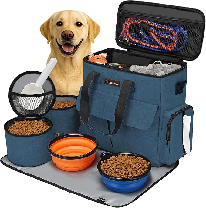 Modoker Dog Travel Bag, Weekend Pet Travel Set for Dog and Cat, Airline Approved Tote Organizer with Multi-Function Pockets, 2 Food Storage Containers, 2 Collapsible Bowls, 1 Feeding Mat (Blue)