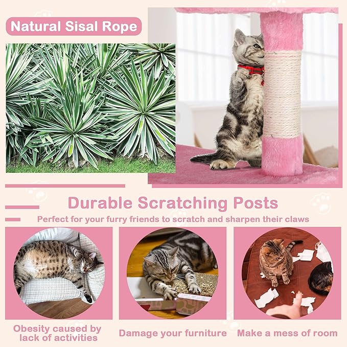 Heavy Duty Cat Tree Tower, 54" Tall Cat Tower for Indoor Cats with Cat Scratching Post with Bed, Cat Condo, Hanging Ball, Multi-Level Cat Climbing Tower Cat Trees Furniture Activity Center, Pink