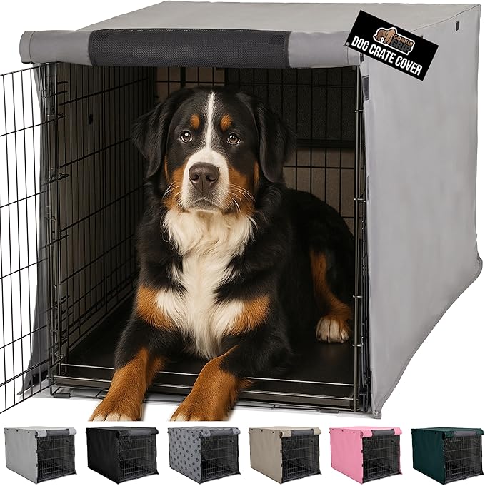 GORILLA GRIP Dog Crate Covers Compatible with Amazon Basics Dog Crates, All Sides Open, Privacy Cover Fits 48" Wire Kennel, Breathable Mesh Windows, Light Reducing Puppy Training Cage Topper, Gray
