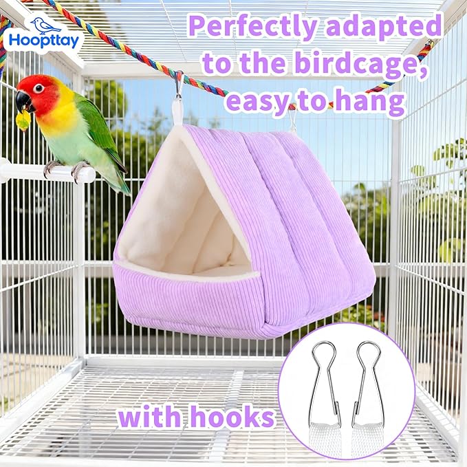 Bird Bed for Cage Winter Warm Bird Bed with Soft Plush Hanging Hammock & Hut Tent, Hideaway Sleeping Nest for Budgies, Parakeets, Cockatiels (Purple, M)