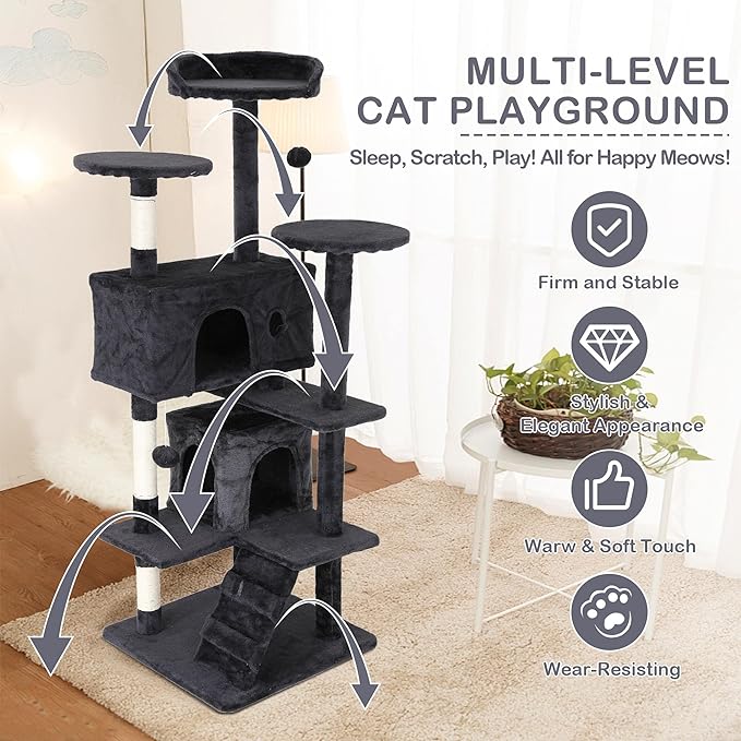 Heavy Duty Cat Tree Tower, 54" Tall Cat Tower for Indoor Cats with Cat Scratching Post with Bed, Cat Condo, Hanging Ball, Multi-Level Cat Climbing Tower Cat Trees Furniture Activity Center, Dark Grey