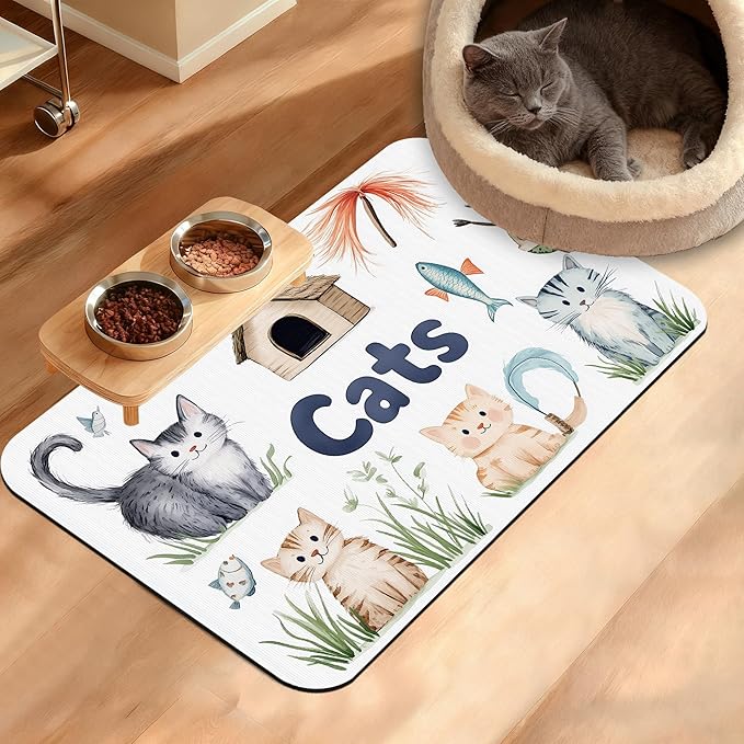 Cats Dog Food Mat,Cute Fun Absorbent Pet Feeding Mat for Food and Water Bowl,Quick Dry Dog Placemat Non Slip Rubber Backing Waterproof Pet Supplies 16" x 24"