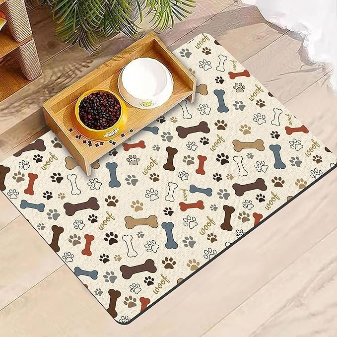 Dog Feeding Mat 24 x 16 Inch, Neutral Paw Bone Woof Dog Placemat Absorbent Quick-Dry for Food and Water, Waterproof Non Slip Rubber Pet Bowl Pad Mat for Floors
