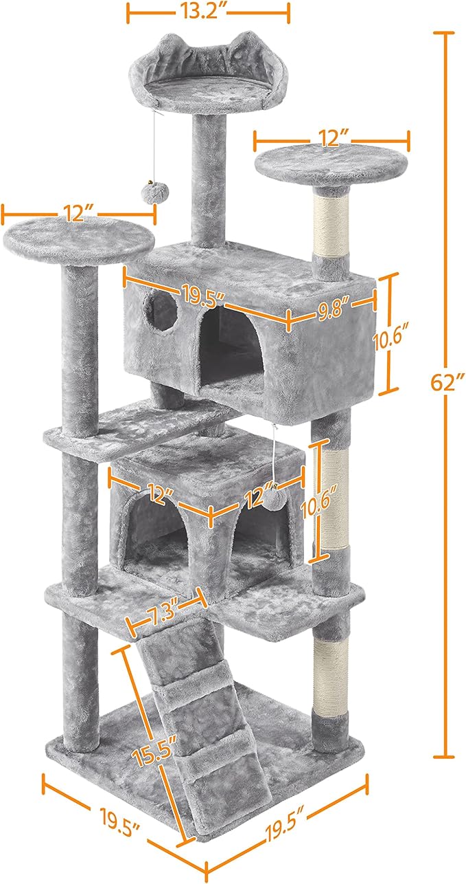 Yaheetech 62in Cat Tree Cat Tower for Indoor Kitty, Pet Furniture w/Double Condo, Scratching Posts, Multiple Platforms and Balls for Kittens, Light Gray