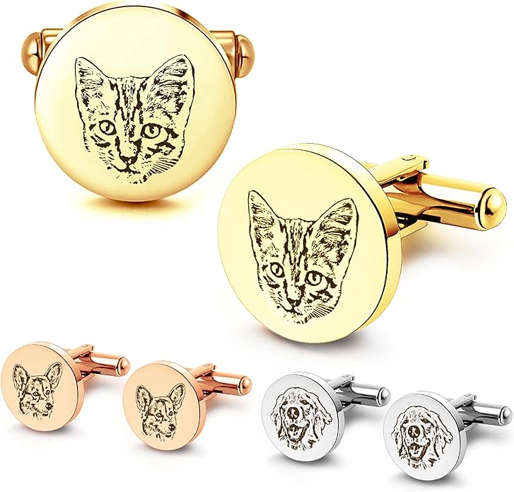 Anavia Pet Portrait & Handwriting Cufflinks Tie Clip Gift Box Set, Personalized Sketch Style Photo Engraving Men's Jewelry Accessories for Father Dad Brother Boyfriend Husband Wedding Birthday Gift