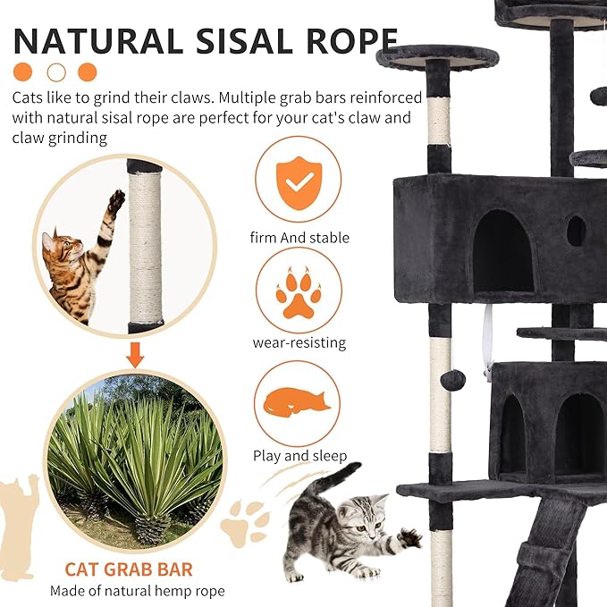 70 Inch Dark Gray Cat Tree, Tall Cat Tower with 2 Condos, 3 Scratching Posts, Multi-Level Platforms - Sturdy Climbing Structure Tall Cat Tower for Indoor Cats