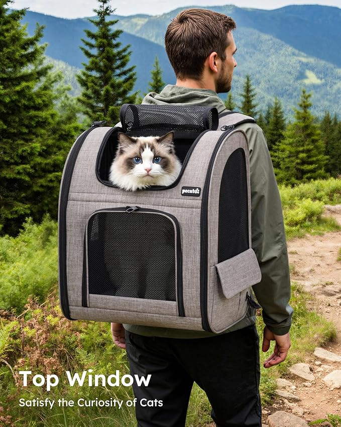 Pecute Cat Backpack Carrier XL, ExpandablePet Backpack for Cats & Small Dogs Up to 15lbs, with 4-Side Breathable Mesh, Multi-Entry & Lockable Zippers for Travel, Hiking, Camping - Hands Free, Khaki