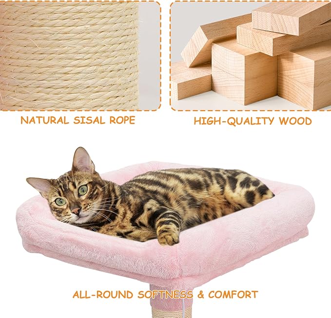 58" Cat Tree Tower for Indoor Cats, Multi-Level Activity Center with Scratching Posts, Hammocks, Top Perch, Dangling Ball & Cat Condo, Soft Pink