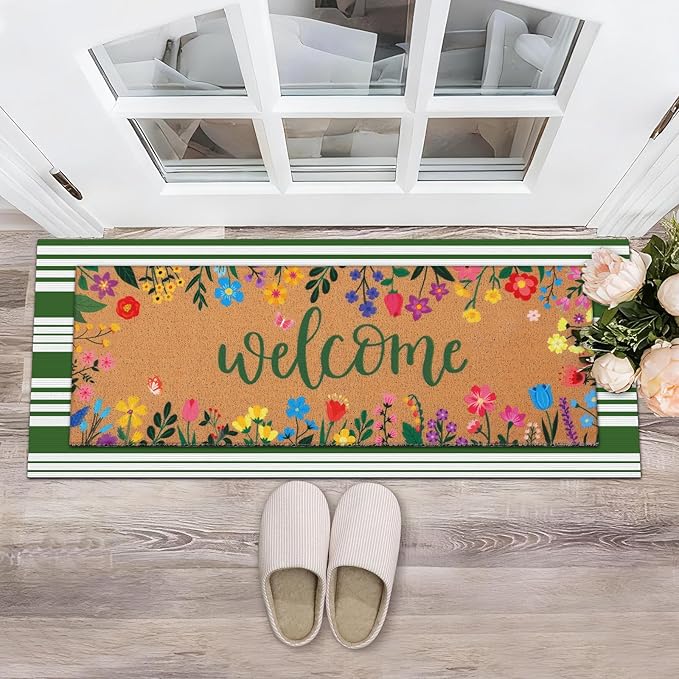 Tinideya 2 Pcs Door Mat Welcome Non Slip Coir Mats Floor Layering Doormats Seasonal for Front Porch Entryway Decor(16.14 x 47.24 Inches,Spring Flowers,Green Brown)