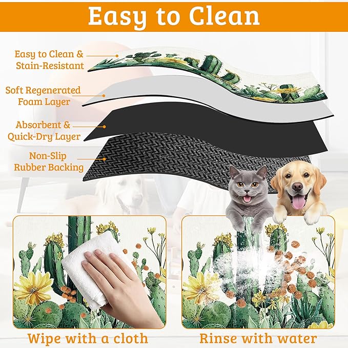 Tropical Cactuses Feeding Mat,Blooming Succulents Absorbent Quick-Dry Cat Dog Food and Water Bowl Mats,Non-Slip Rubber Backing Mat,Cat Dog Accessories Supplies 12" x 20"