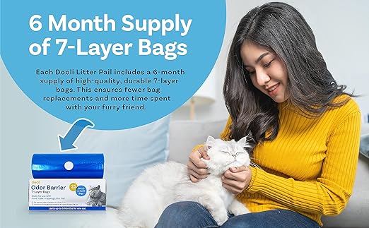 Odor Trapping Litter Pail – Odorless Cat Litter Pail with Lid & 6 Month Supply of Refill Bags and Scooper– One-Finger Tap Lid Opening
