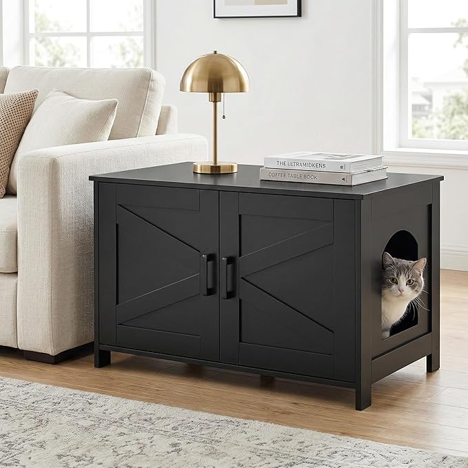 Homhedy Cat Litter Box Enclosure, Wooden Cat Washroom Furniture with Barn Door, Pet House, Fit Most of Litter Box, Black