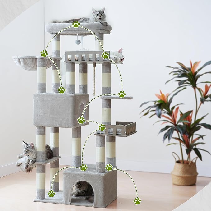 Maine Coon Cat Tree, Heavy Duty Cat Tree for Indoor Cats Large Adult, Cat Tower for Large Cats 20 lbs+ with Hammock, 2 Big Perches, 2 Cat Condos, 15 Scratching Posts, Light Gray GCT033W