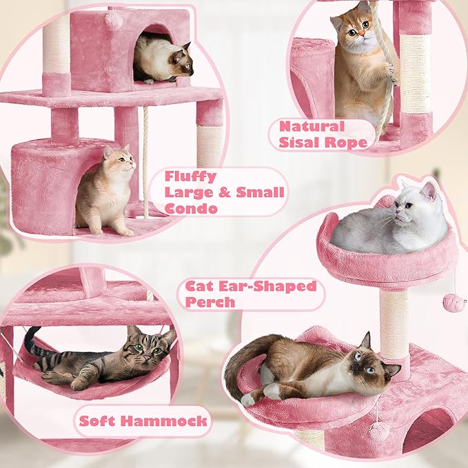 Yaheetech 62.5inches Cat Tree Cat Tower Cat Condo with Platform & Hammock, Scratching Posts for Kittens Pet Play House with Plush Perch for Indoor Activity Relaxing, Pink