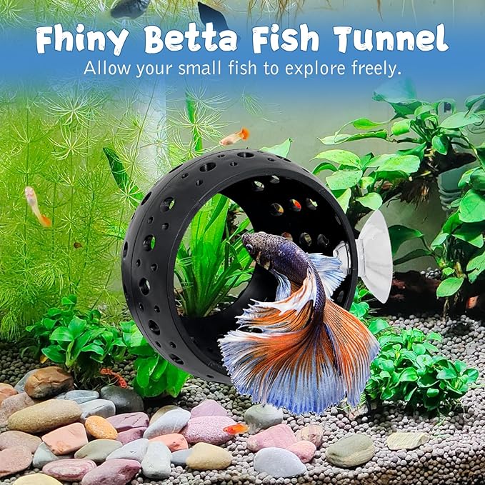 Fhiny Betta Tunnel, 2 PCS Aquarium Fish Hideout with Suction Cup Tank Tunnel Shrimp Cave Aquarium Ornament Fish Tank Accessories for Shrimp Betta Guppy Hiding Resting (Black)
