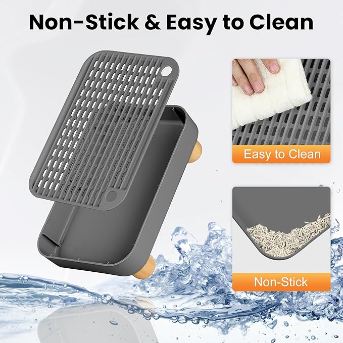 Litter Box Step, Litter Box Ramp/Catcher with Wooden Base, Anti-Tracking & Easy to Clean, Ideal for Small & Elderly Cats (Dark Gray)