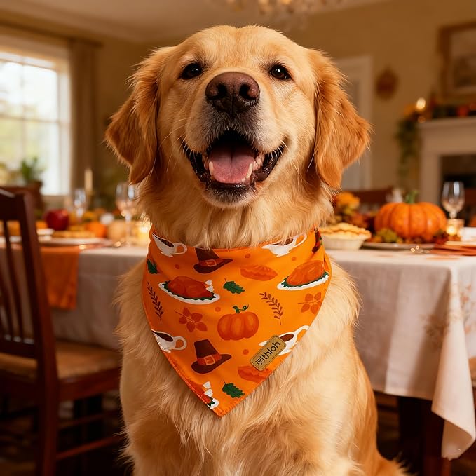 Thanksgiving Dog Bandanas with Snap Button, 2 Pack Adjustable Fall Bandanas for Small, Medium, and Large Dogs, Pumpkin Pet Scarf for Autumn Costume Accessory & Photo Shoot (Large)
