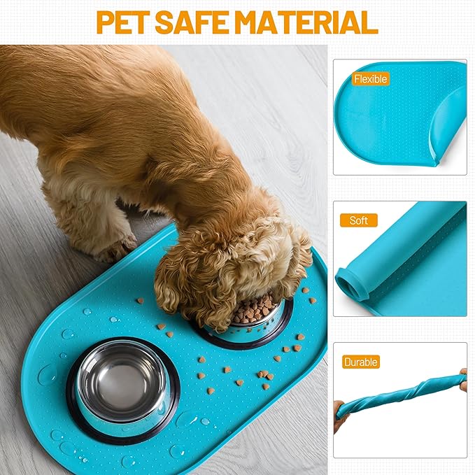 Hubulk 100% Waterproof Silicone Pet Feeding Mat with Raised Edge for Food and Water, Dog Bowl Mats, Cat Bowls Placemat with High Lip Protects Floor for Cats and Dogs(Teal, 19" L x 12" W)