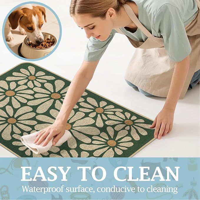 SHIYUE Dog Food Mats for Floors, Absorbent Cat Bowl for Food and Water, Non-Slip Accessories Pet Supplies(17"x30",Forest Green Flower)