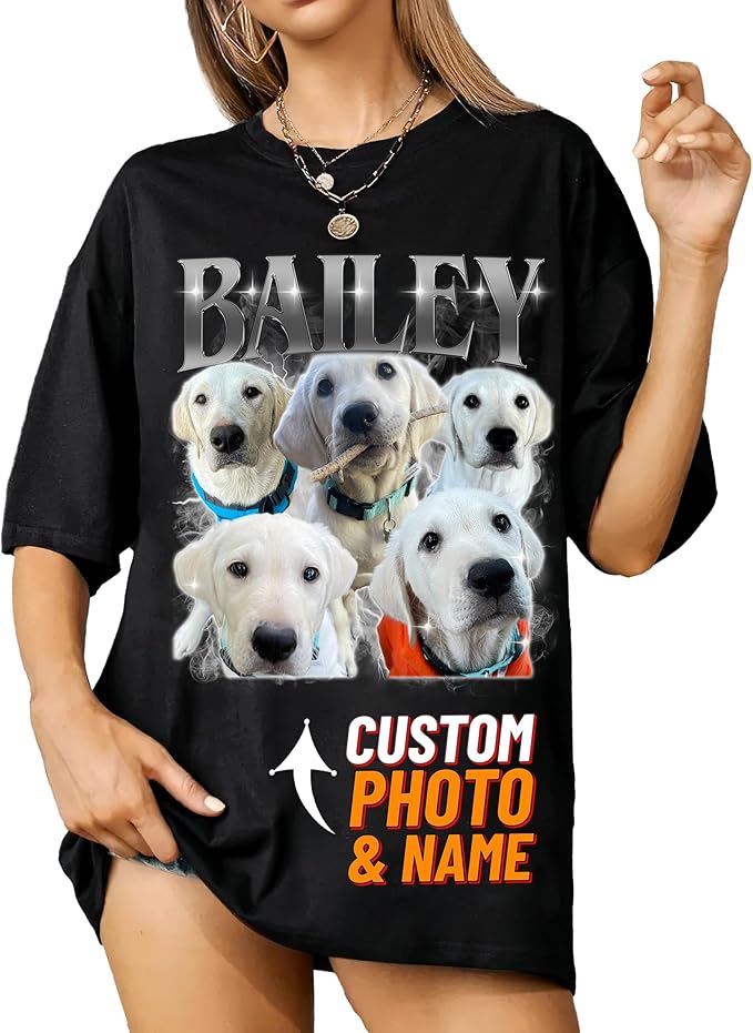 IZI POD Custom Dog Shirt for Women, Personalized Pet Face Photo Shirt, Bootleg Rap Tee Dog Gifts Valentine Birthday Gift