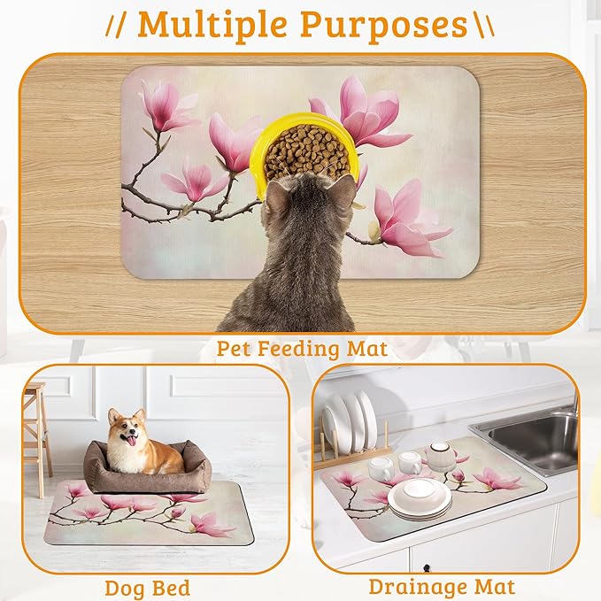 Pink Magnolia Feeding Mat,Vintage Flowers Absorbent Quick-Dry Cat Dog Food and Water Bowl Mats,Non-Slip Rubber Backing Mat,Cat Dog Accessories Supplies 12" x 20"