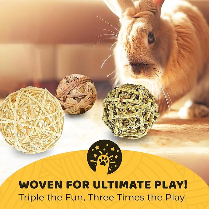 SunGrow Assorted Rabbit Chew Balls, Teething Activity Toy for Pocket Pets, Improves Dental Health, Environment Friendly, Stress Reliever (Assorted, 3 Pcs)