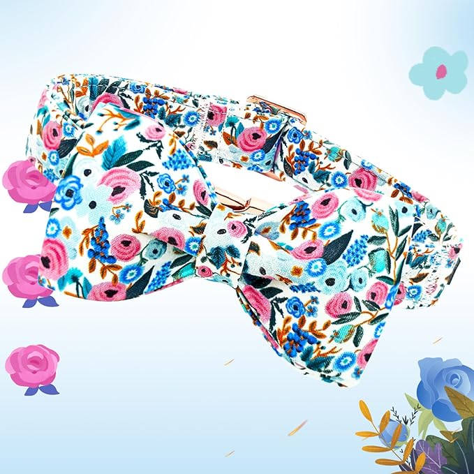 Lionheart glory Dog Collar Bow Collar Floral Dog Collar with Bow Tie Spring Summer Cute Collar Dog Boy or Girl Dog Collars Soft Durable Adjustable Dog Collars for Small Dogs
