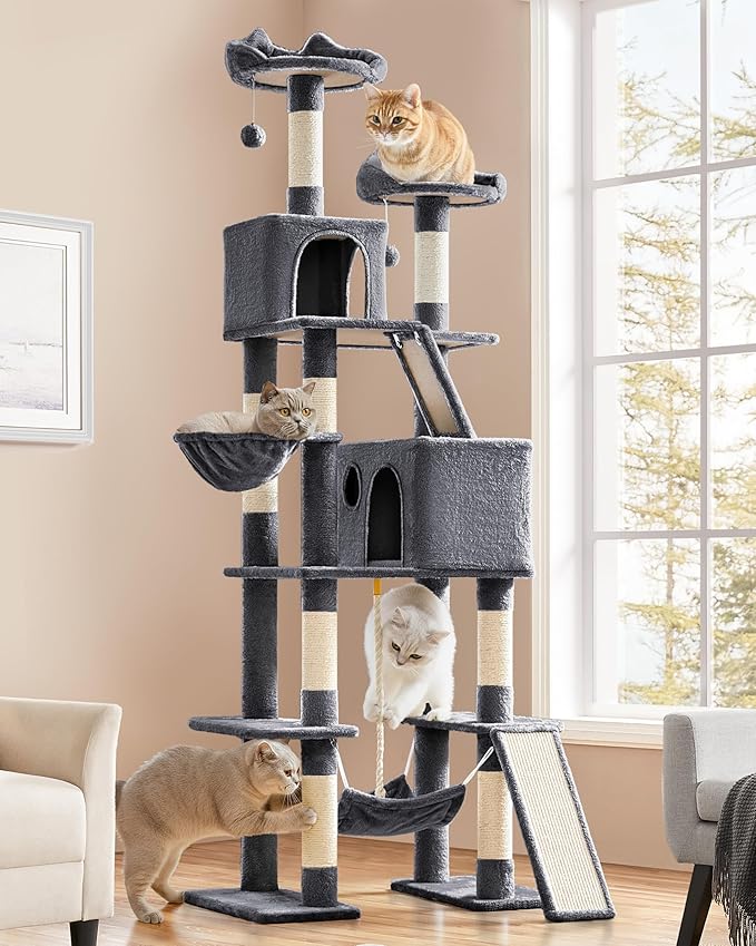 Yaheetech Cat Tree, 82.5in Large Tower w/Hammock, 2 Kitty-Ear Perches, 2 Cozy Condos, Scratching Posts, Basket, Furniture for Large Cats, Kittens, Dark Gray
