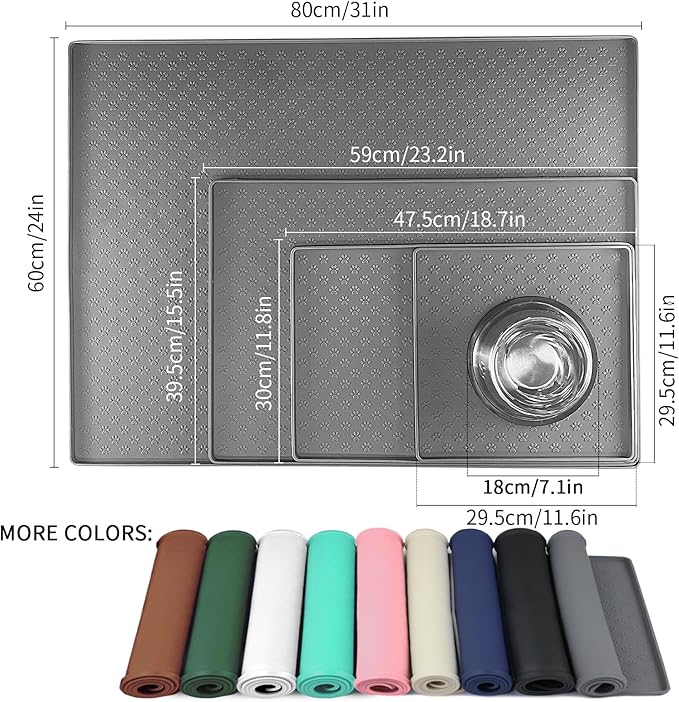 Ptlom Pet Placemat for Dog and Cat, Mat for Prevent Food and Water Overflow, Suitable for Small, Medium and Big Pet, 18" 12", Grey, Silicone