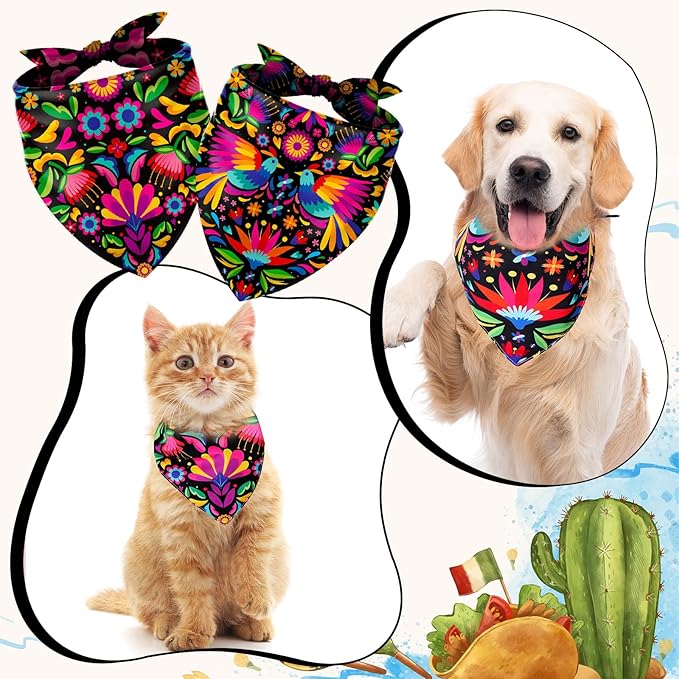 Whaline 2Pcs Mexican Dog Bandana Cinco De Mayo Fiesta Cotton Pet Scarf Double-Sided Adjustable Black Floral Pet Neckerchief for Small Medium Large Cat Dog Carnival Accessories