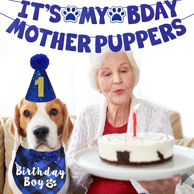 Dog Birthday Party Supplies, Multi Sizes Dog Birthday Hat with Numbers Bandana Bow Tie It’s My Bday Mother Puppers Sign Banner for Medium Large Dogs Pets (Large, Blue)