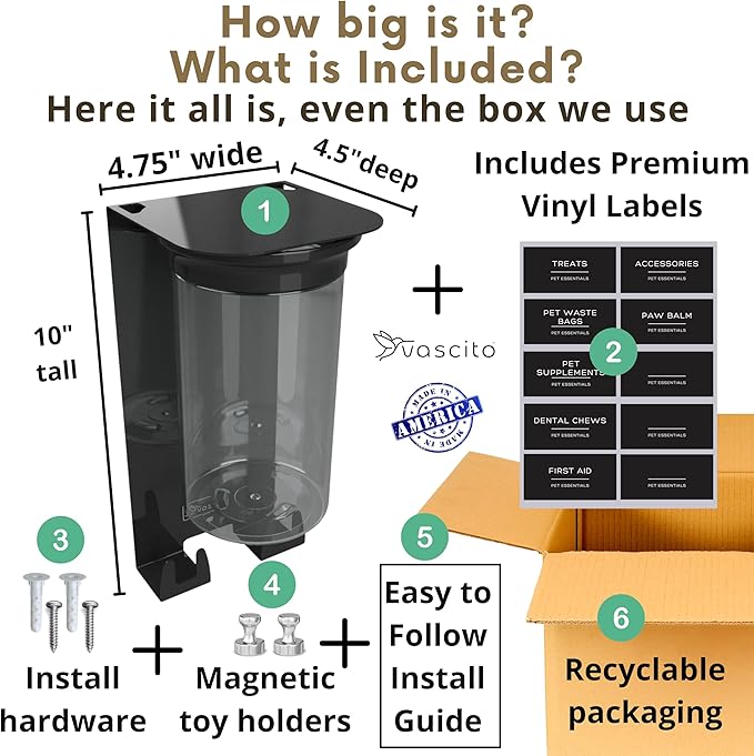 Dog Treat Holder For Wall Storage For Pets, Premium Pet Wall Organizer, Includes One 32oz Airtight Dog Treat Jar, 2 Sets of Triple Hooks, Sturdy Shelf in Modern Black