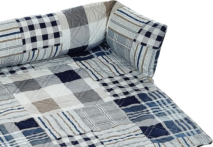 Brilliant Sunshine Quilted Calming Dog Bed Mat, Removable Washable Cover, Cushion Protector and Couch Covers for Dogs, Pets, Cats, Medium, Blue Plaids and Stripes Patchwork