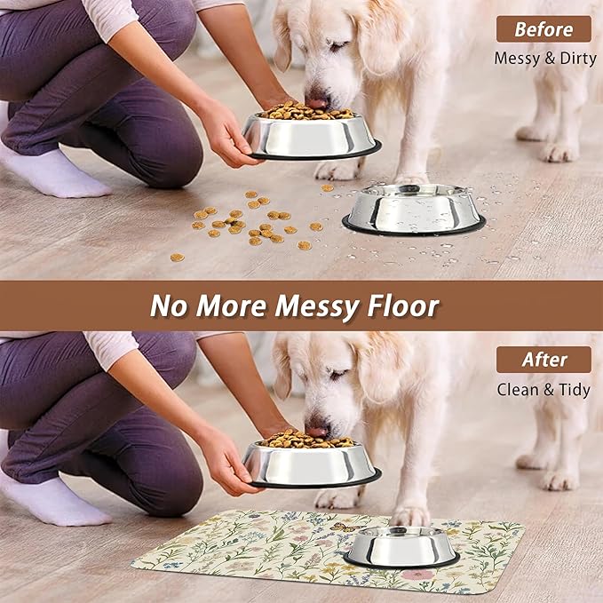 Wildflowers Dog Cat Food Mat,Vintage Botanical Garden Plants Herb Butterfly Absorbent Pet Feeding Mat for Food and Water,Non-Slip Dog Bowl Mats Floor Protector 16"x24"