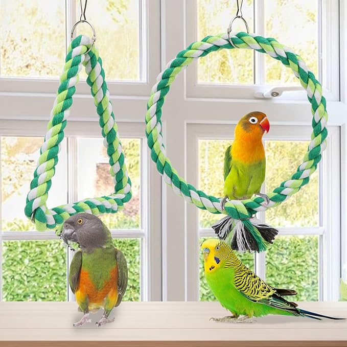 Wontee Bird Swing Bird Rope Perch Parrot Climbing Stand for Parakeets Budgies Cockatiel Conure Quaker Caique (S(5.9IN, 7.1IN))