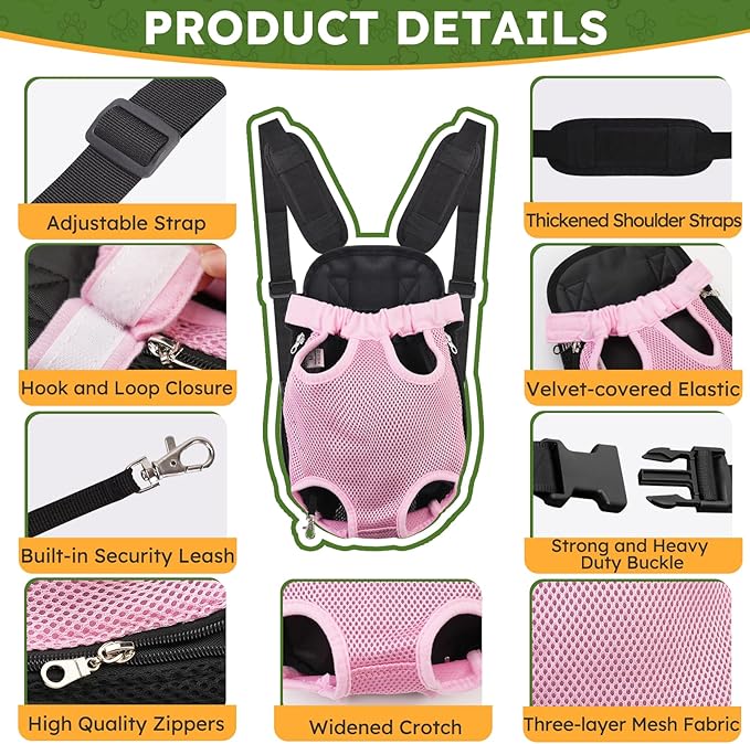 Pet Carrier Backpack, Hands-Free Adjustable Dog Front Carrier Legs Out & Easy-Fit Dog Backpack Carrier for Hiking Camping Traveling Cycling for Small Dogs and Rabbits (Medium, Pink)