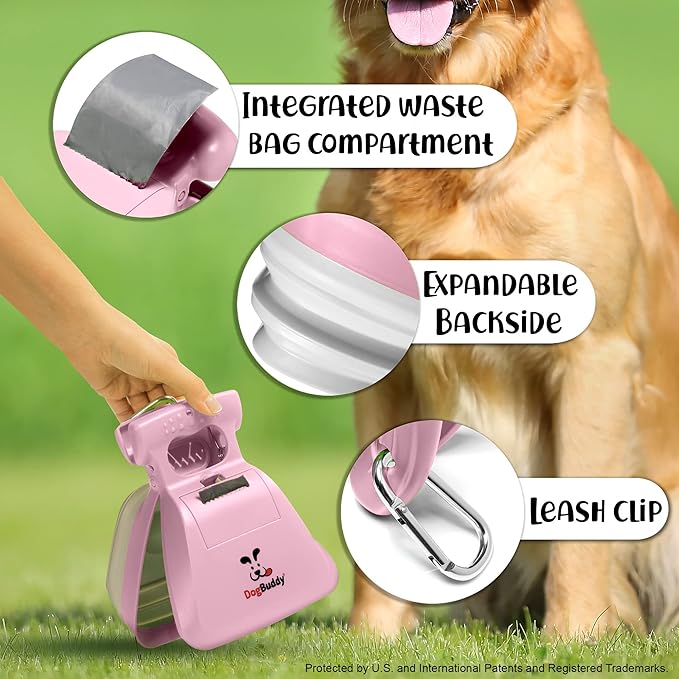 DogBuddy Pooper Scooper, Portable Dog Pooper Scooper, Poop Scooper for Small and Large Dogs, Pooper Scooper with Bag Attachment, Leash Clip and Dog Waste Bags Included (Medium, Pink)