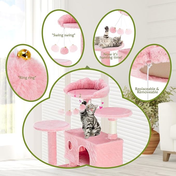 54 Inches Cat Tree Tower Condo, Cat Tower for Indoor Cats, Multi-Level Furniture Activity Center with Wide Base, Cozy Plush Cat Perches, Detachable Toy, Pink