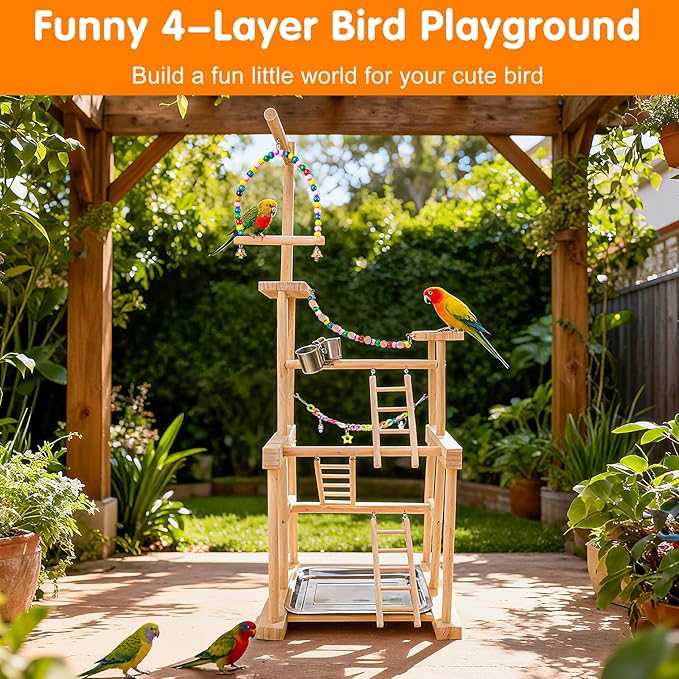 Bird Playground 4 Layer, Parrot Perch Stand Bird Play Stand for Parakeet Conure Cockatiel Lovebird Budgie, Parrot Playground with Feeder Cups, Ladder, Chain Toy, Swing and Detachable Tray