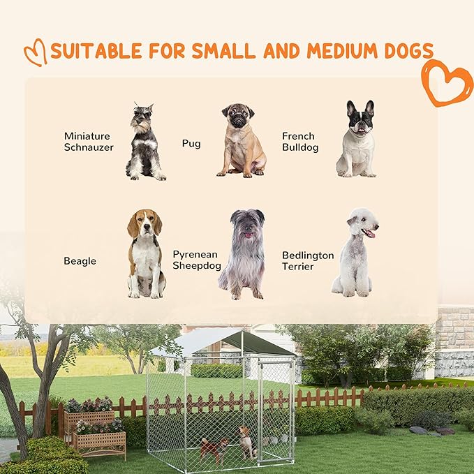 PawHut Outdoor Dog Kennel, Heavy Duty Dog Run Outdoor Fence with Waterproof Cover, Galvanized Chain Link, Secure Lock, for Large Breeds, Chickens, Ducks, 6.5' x 6.5' x 7.8'