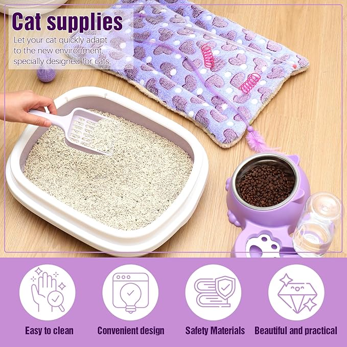 Eccliy Kitten Starter Kit, 10 Pcs Cat Starter Kit for Indoor Cats Kitten Essentials Includes Litter Box, Pet Toy, Folding Carrier, Climbing Frame, Mat, Collar, Automatic Food Bow(Cute,Purple)