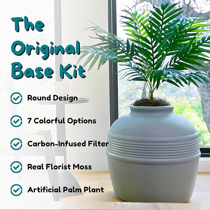 Good Pet Stuff Hidden Litter Box Planter, Decorative Cat Litter Enclosure with Carbon Filter, Artificial Plant, Easy Clean, Indoor Design, Original Round Style, Base Kit, Stone Gray