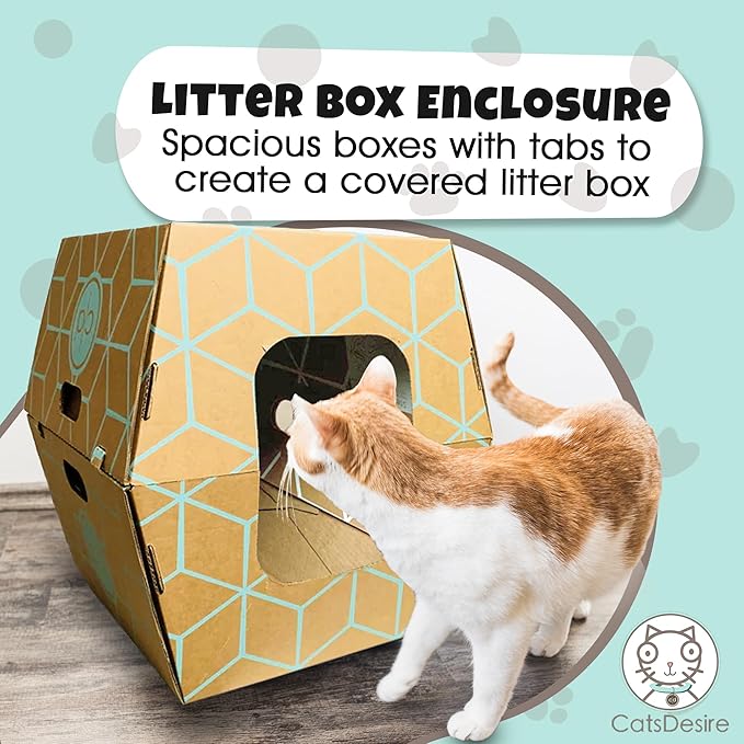 Cats Desire Disposable Litter Box No Plastic Solution (10 Tray) w/ Low Entry & Enclosed Box - Teal on Natural Brown, Made in USA Woman Owned, 19"L x 17"W x 8.5"H tray - 19"L x 17"W x 17"H enclosed box