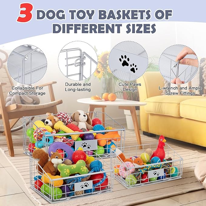 Mimorou 3 Pack Metal Dog Toy Baskets Multi-sized Foldable Dog Toy Bins Box Storage Container Organizer for Living Room Area Decorative Pet Accessories Coat Clothing Storage Holder Baskets(Silver)